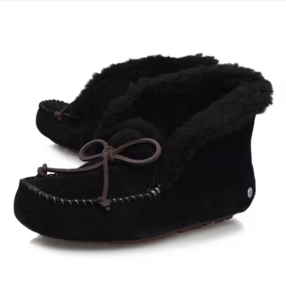 UGG Alena Black Suede Sheepskin Wool-lined Cuff Moccasin Shoes slippers Girls 3
